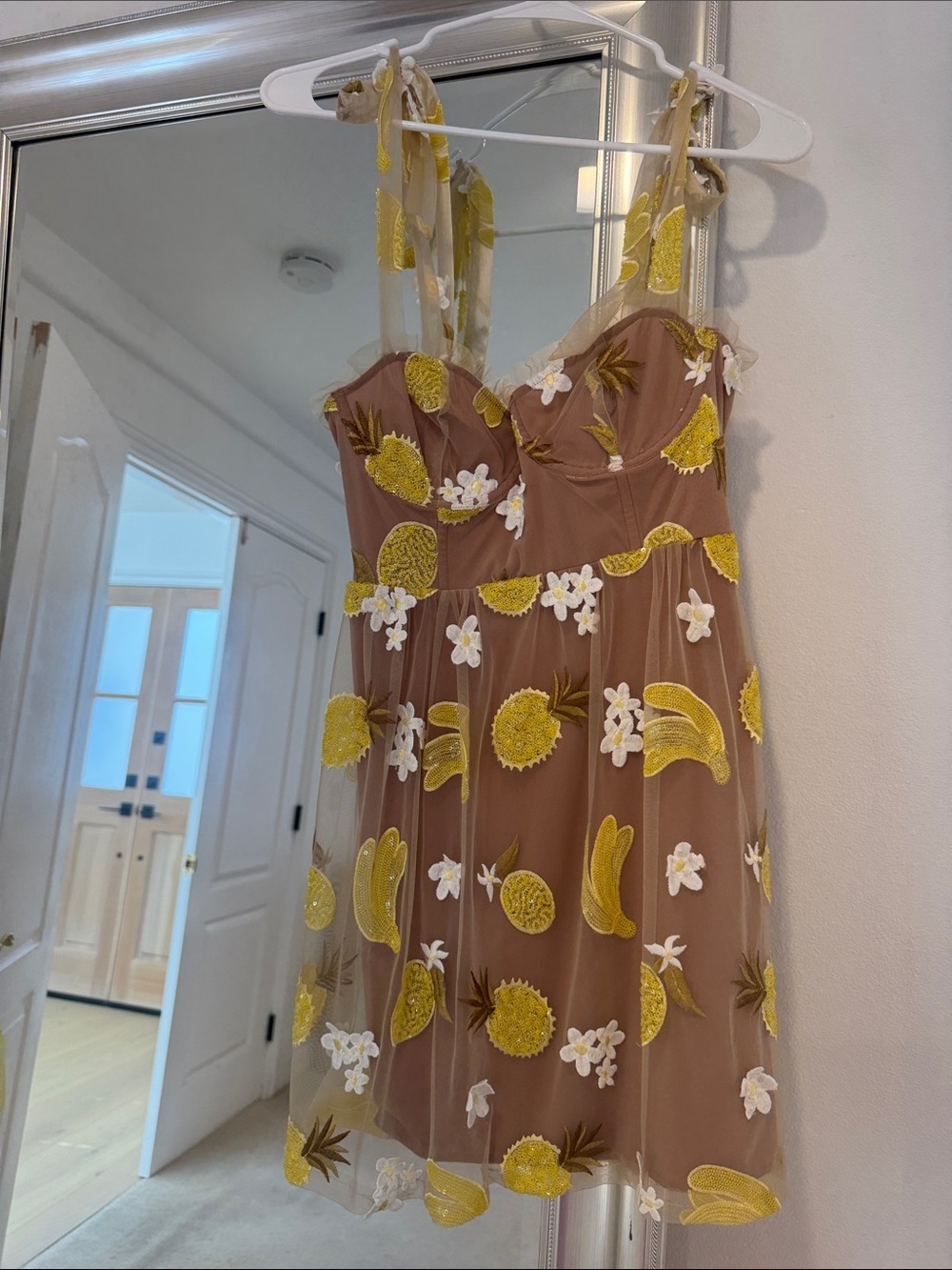 For Love & Lemons Yellow Pineapple Appliqué Mini Dress